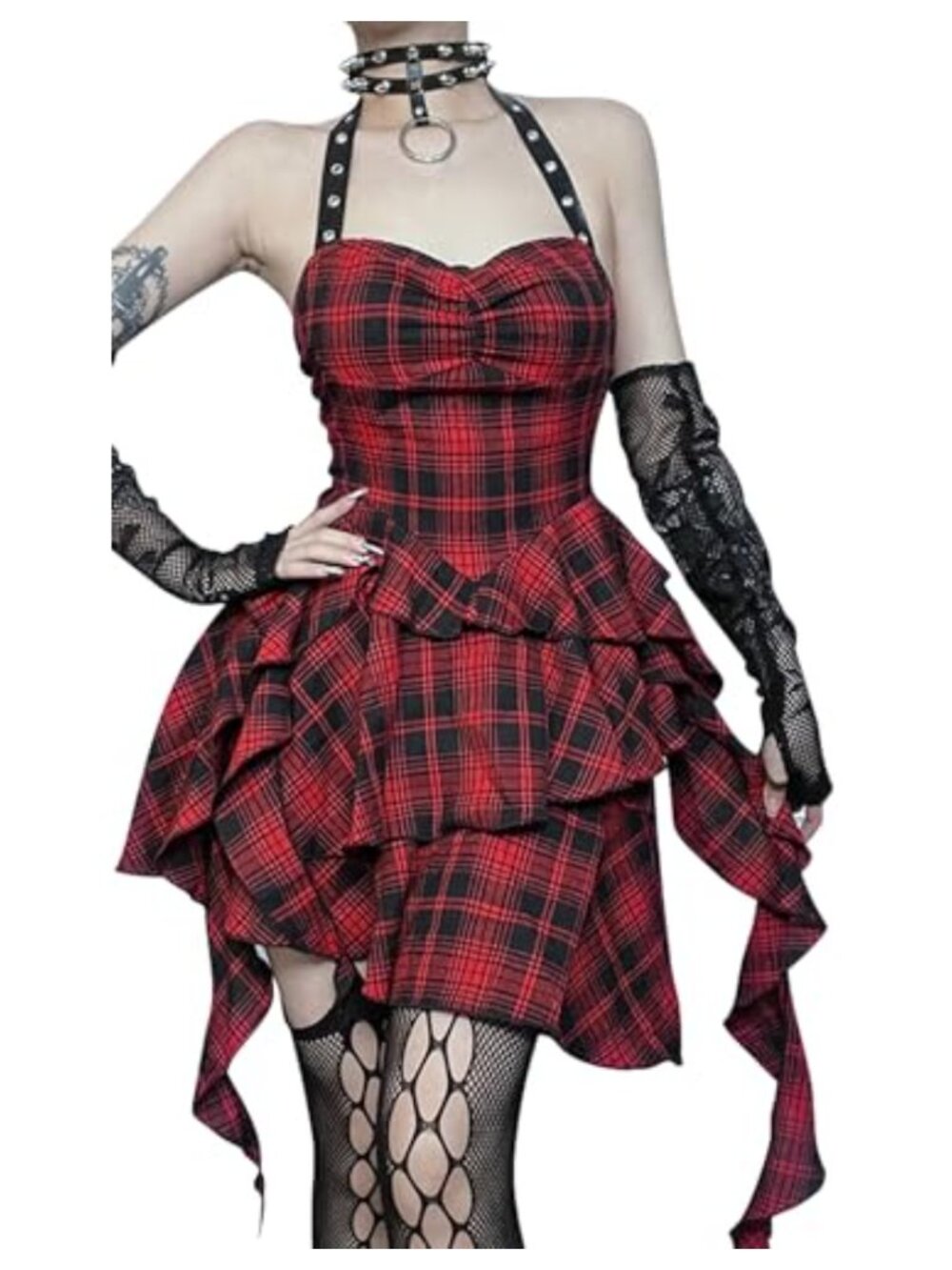 Gothic Plaid Mini Dress Sleeveless Strapless Open Back Irregular Hem Clubwear